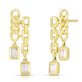 Double Chain Drop Earrings with Baguette Diamonds, 14K Yellow Gold - URBAETIS Fine Jewelry