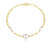 Graduated Pearl and Diamond Long Link Bracelet, 14K Yellow Gold- URBAETIS Fine Jewelry