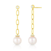 Diamond and Pearl Long Link Drop Earrings, 14K Yellow Gold- URBAETIS Fine Jewelry