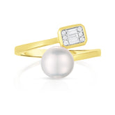 Pearl and Emerald Illusion Diamond Bypass Ring, 14K Yellow Gold- URBAETIS Fine Jewelry