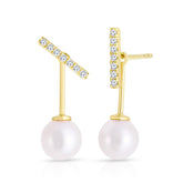 Diamond Bar and Pearl Jacket Earrings, 14K Yellow Gold- URBAETIS Fine Jewelry
