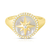 Mother Of Pearl Diamond Star Signet Ring, 14K Yellow gold- URBAETIS Fine Jewelry