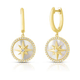 Mother Of Pearl Star Medallion Diamond Huggies, 14K Yellow gold- URBAETIS Fine Jewelry