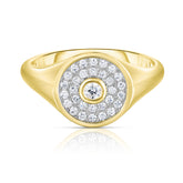 Pave' and Round Diamond Signet Ring, 14k Yellow Gold - URBAETIS Fine Jewelry