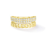 Diamond and Cuban Chain Double Ring, 14k yellow gold - URBAETIS Fine Jewelry