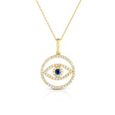 Evil Eye Medallion Necklace, 14 k yellow gold with diamonds and sapphire - Urbaetis Fine Jewelry