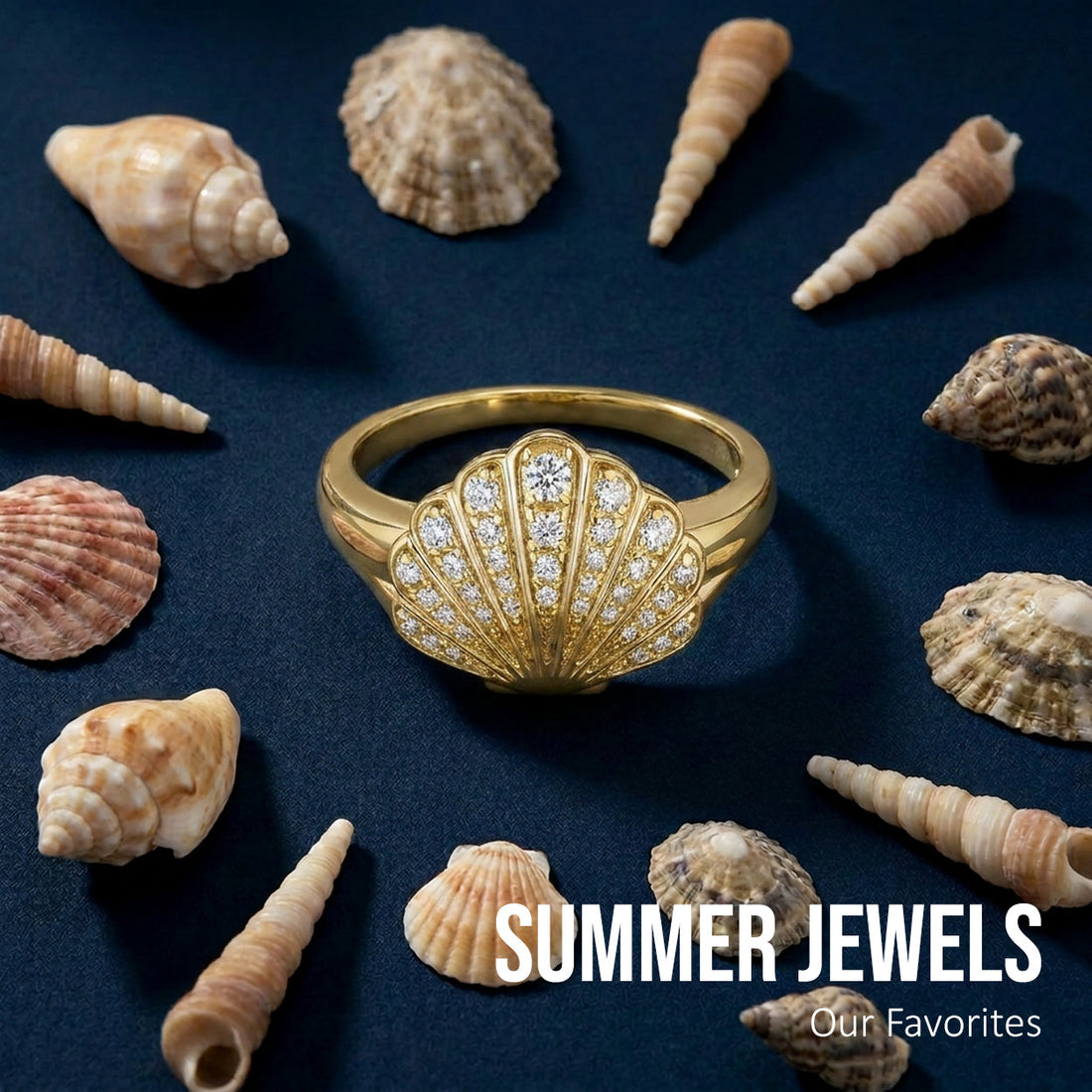 14k yellow gold sea shell ring with diamonds - The Perfect Summer Jewelry Blog