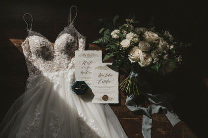 Bridal gown with bouquet and rings on a table