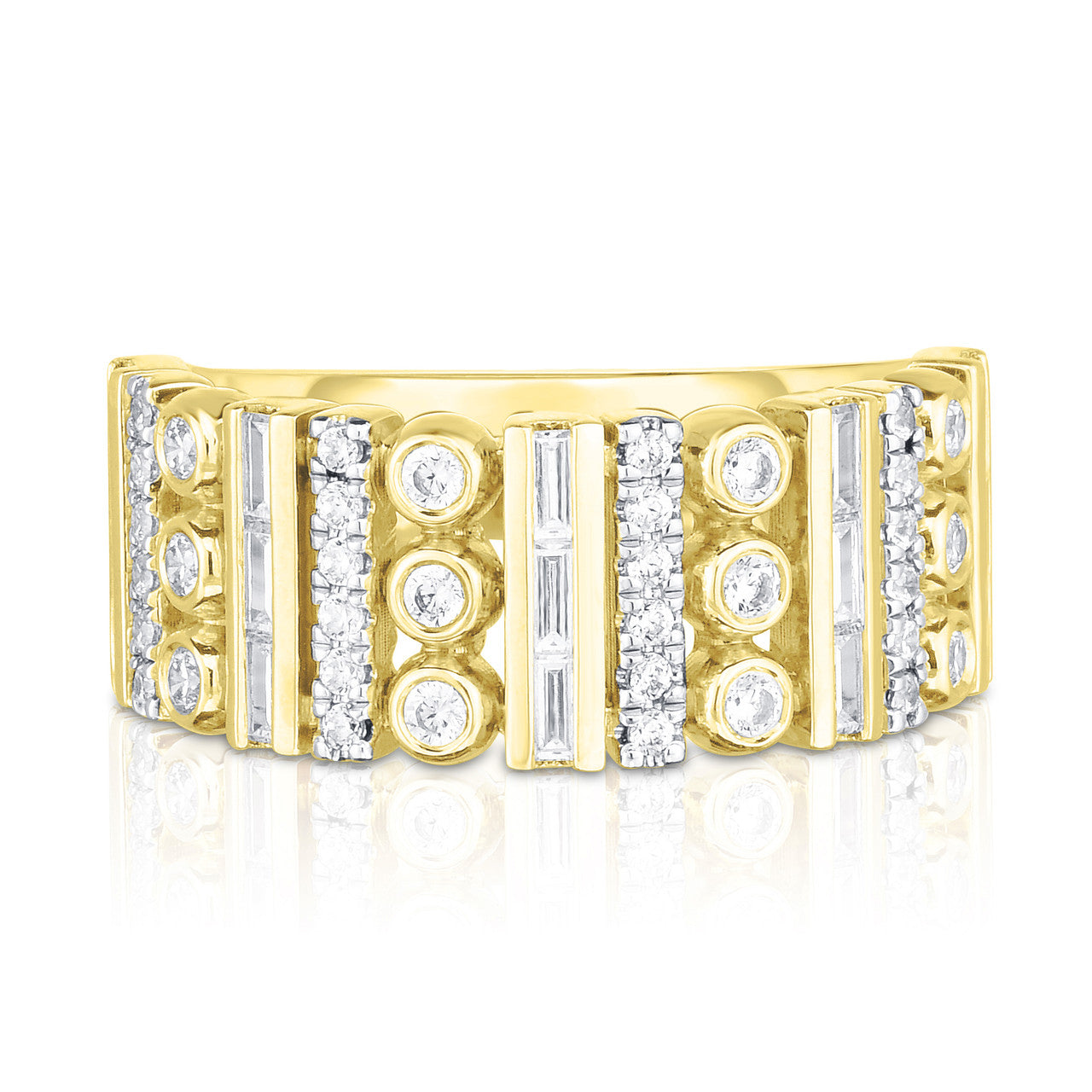 Mixed Setting Cigar Band, Pave, Bezel, and Channel Set Ring, 14k yellow gold - URBAETIS Fine Jewelry