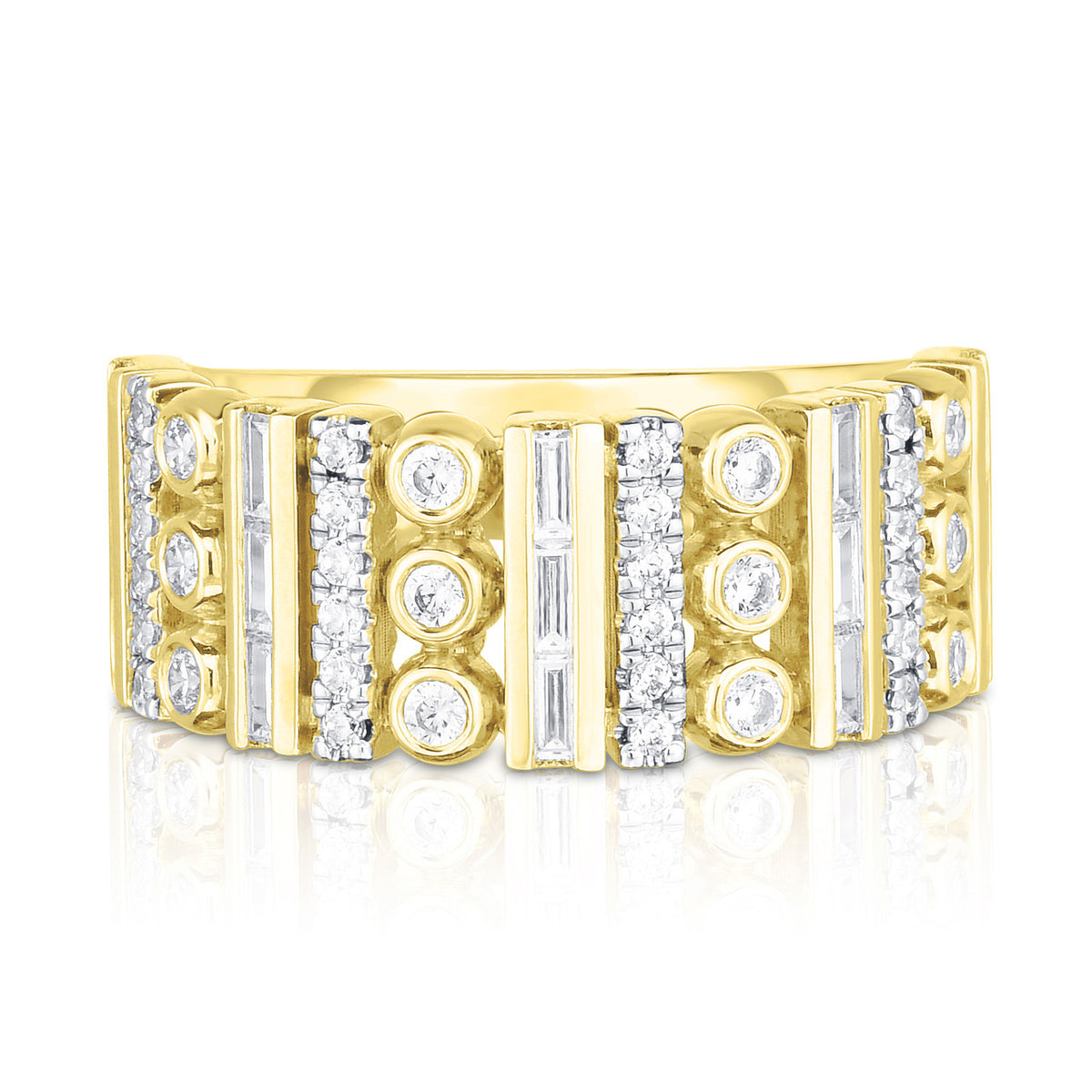Mixed Setting Cigar Band, Pave, Bezel, and Channel Set Ring, 14k yellow gold - URBAETIS Fine Jewelry