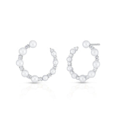 Graduated Pearl and Diamond Garland Hoops, 14k white gold - URBAETIS Fine Jewelry