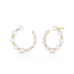 Graduated Pearl and Diamond Garland Hoops, 14k yellow gold - URBAETIS Fine Jewelry