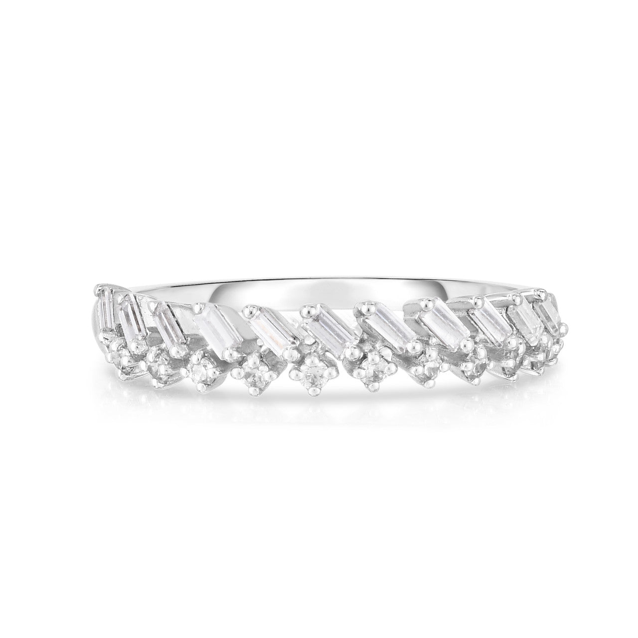 Baguette and Round Diamond Crown Ring, 14K White Gold - Urbaetis Fine Jewelry