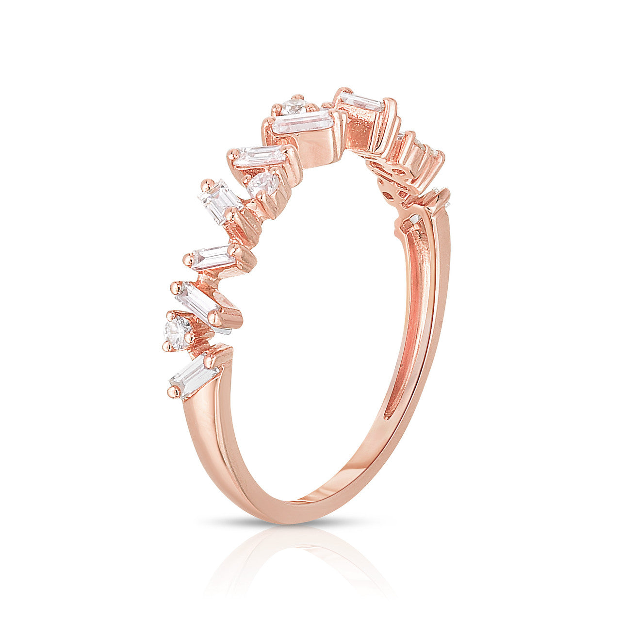 Baguette and Round Diamond Offset Ring, rose gold, 16 diamonds, 0.34 carats - URBAETIS Fine Jewelry