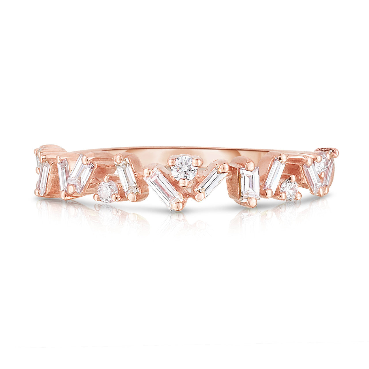 Baguette and Round Diamond Offset Ring, 14k rose gold, 16 diamonds, 0.34 carats - URBAETIS Fine Jewelry