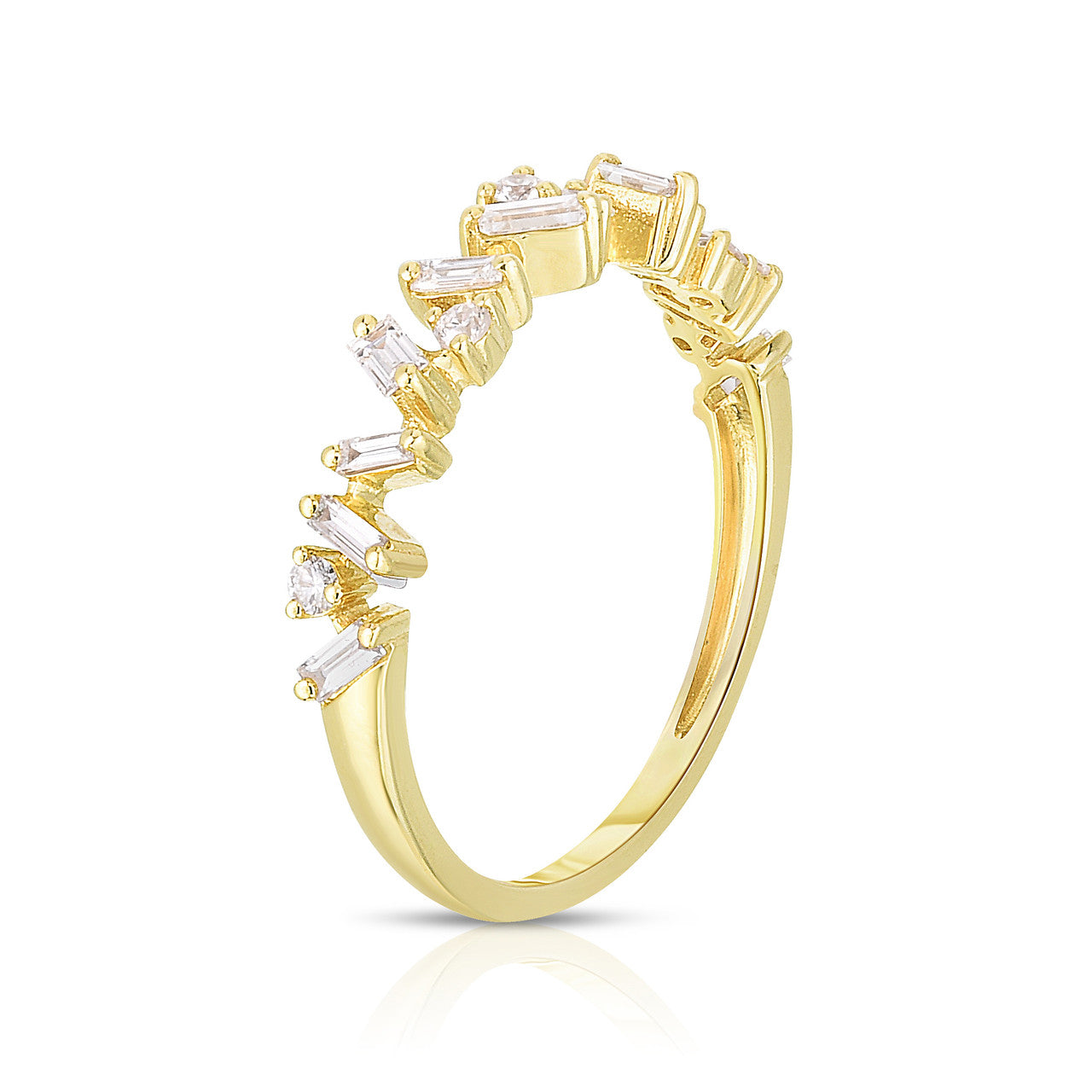 Baguette and Round Diamond Offset Ring, yellow gold, 16 diamonds, 0.34 carats - URBAETIS Fine Jewelry