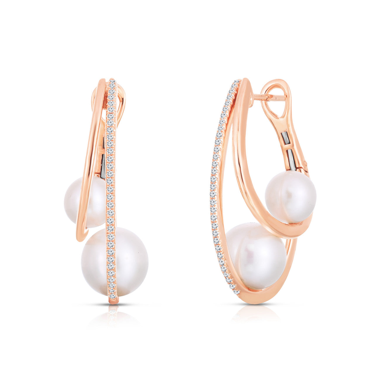 Double Pearl and Pave Diamond Hoops, 14k rose gold, 0.29 carats - URBAETIS Fine Jewelry