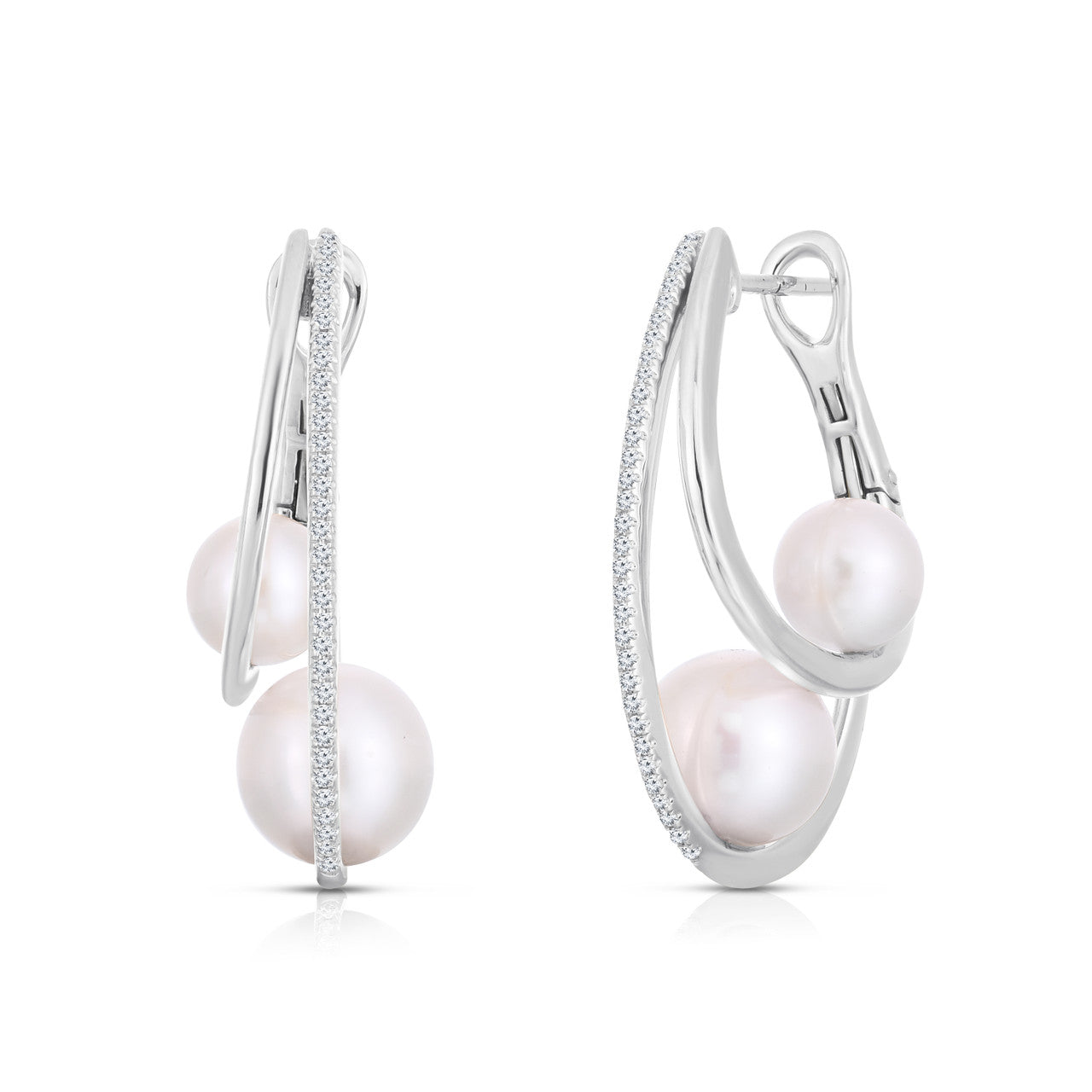 Double Pearl and Pave Diamond Hoops, 14k white gold, 0.29 carats - URBAETIS Fine Jewelry