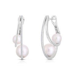 Double Pearl and Pave Diamond Hoops, 14k white gold, 0.29 carats - URBAETIS Fine Jewelry