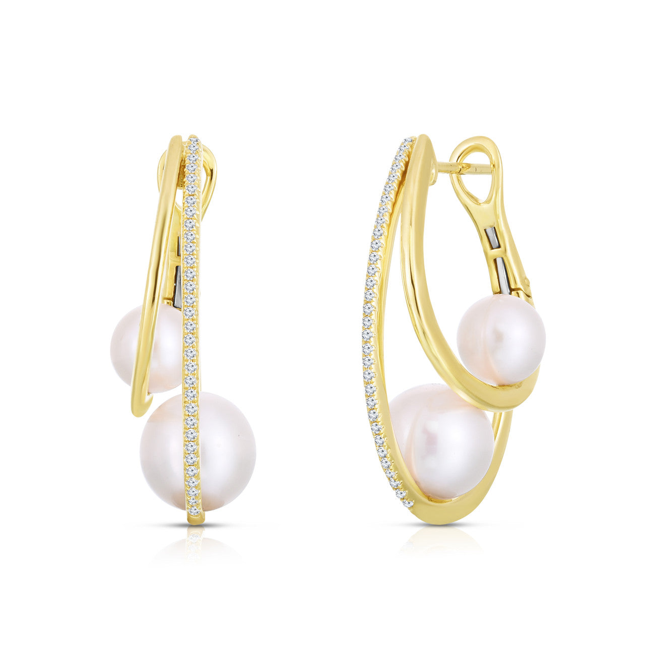 Double Pearl and Pave Diamond Hoops, 14k yellow gold, 0.29 carats - URBAETIS Fine Jewelry