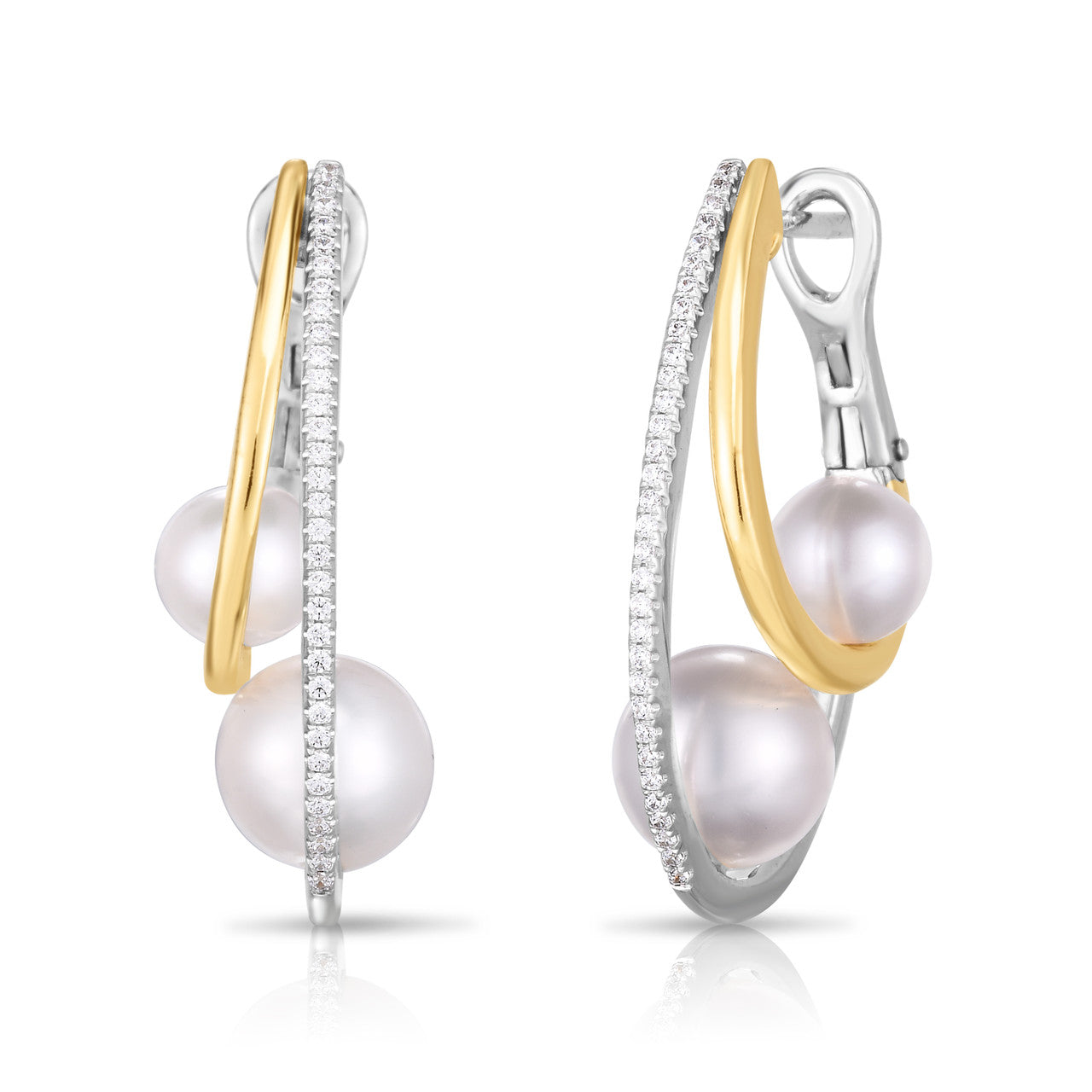 Double Pearl and Pave Diamond Hoops, 14k white and yellow gold, 0.29 carats - URBAETIS Fine Jewelry