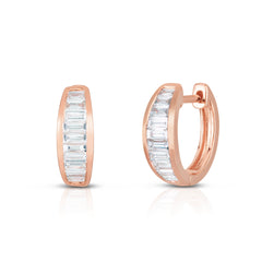 14k rose gold graduated baguette diamond huggie earrings