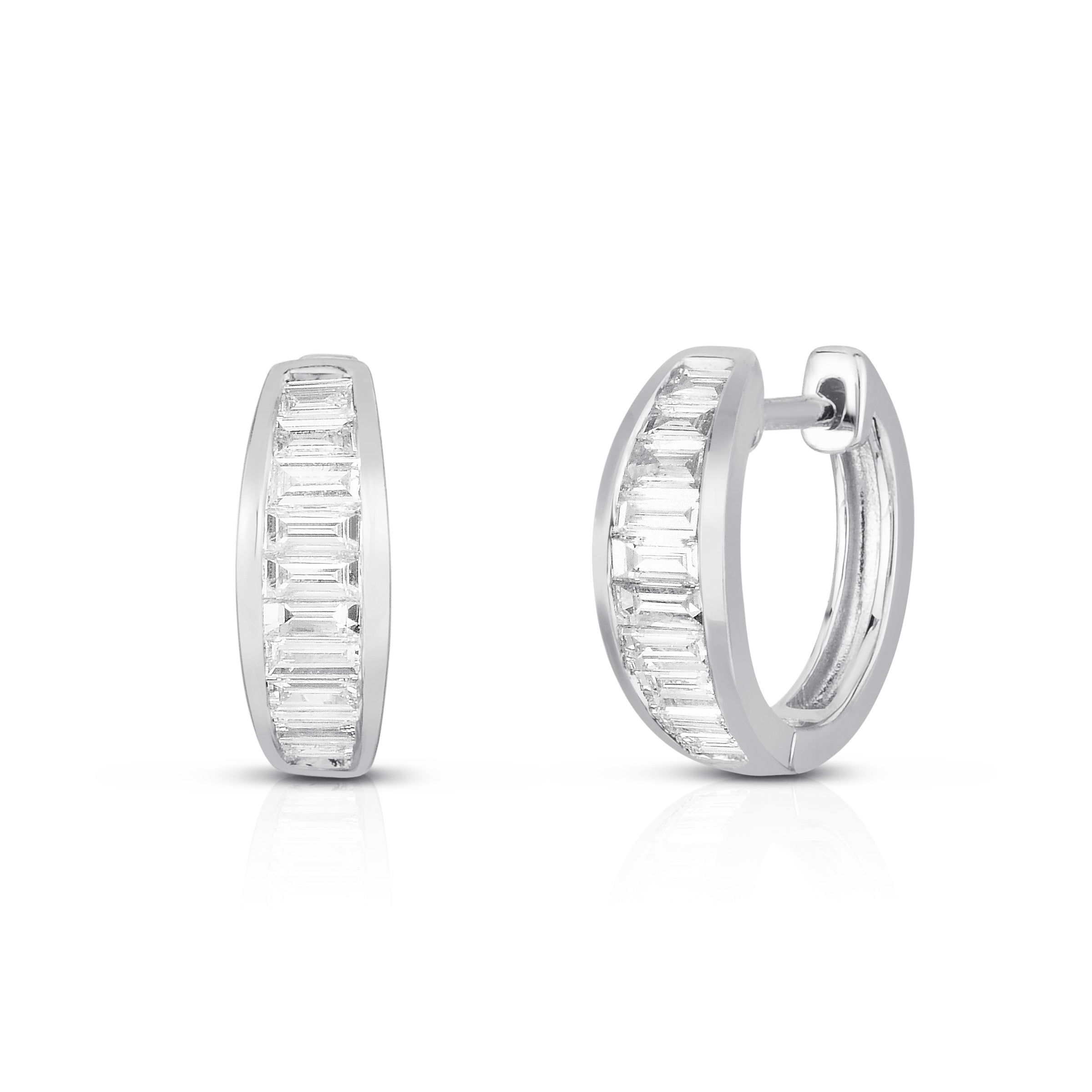 14k white gold graduated baguette diamond huggie earrings