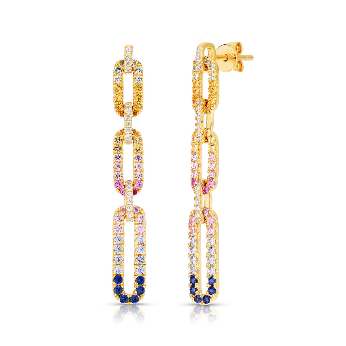 Rainbow Sapphire Long Link Earrings, 14k yellow gold - URBAETIS Fine Jewelry