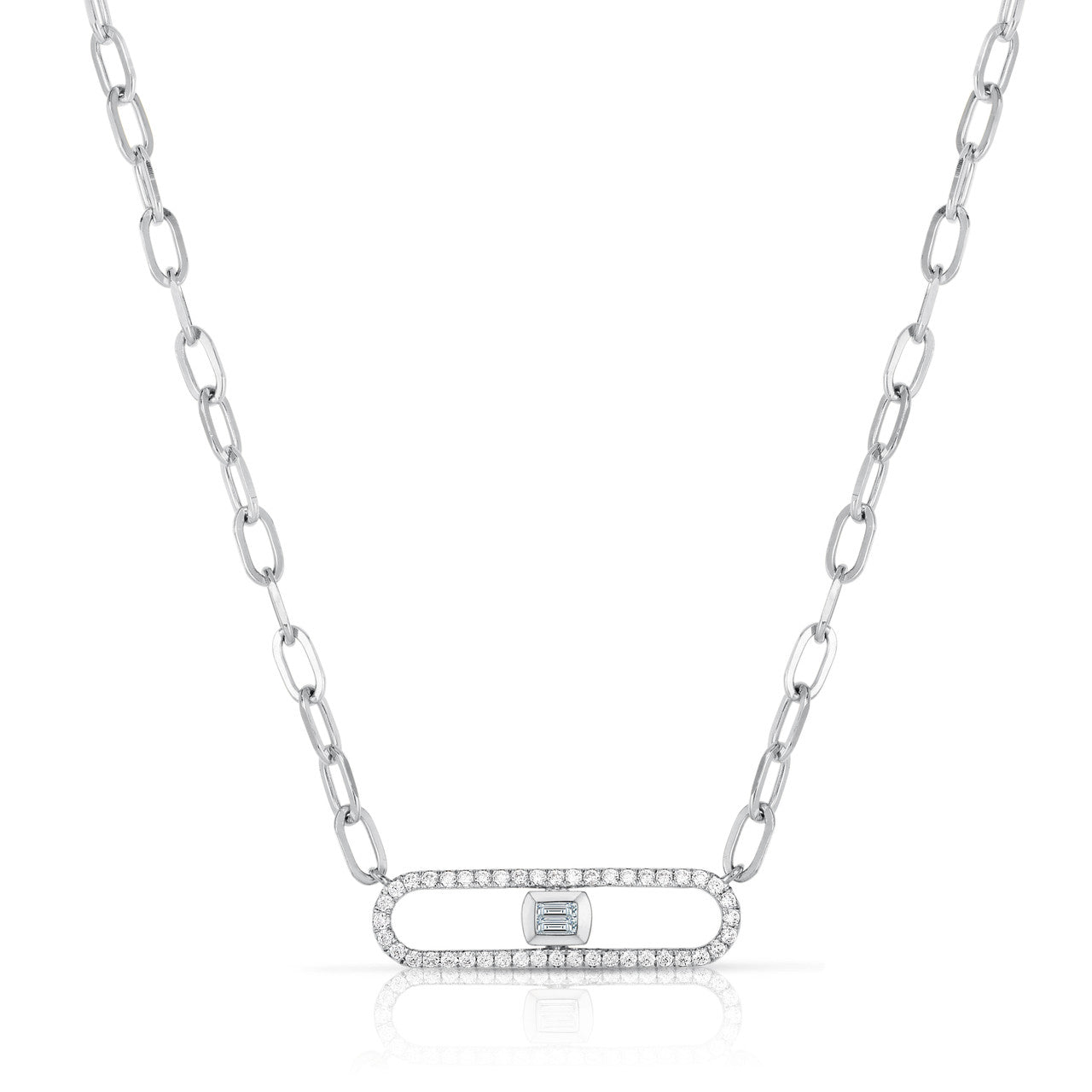 Long Link Necklace with Baguette Diamonds, 14k white gold,  0.31 carats - URBAETIS Fine Jewelry