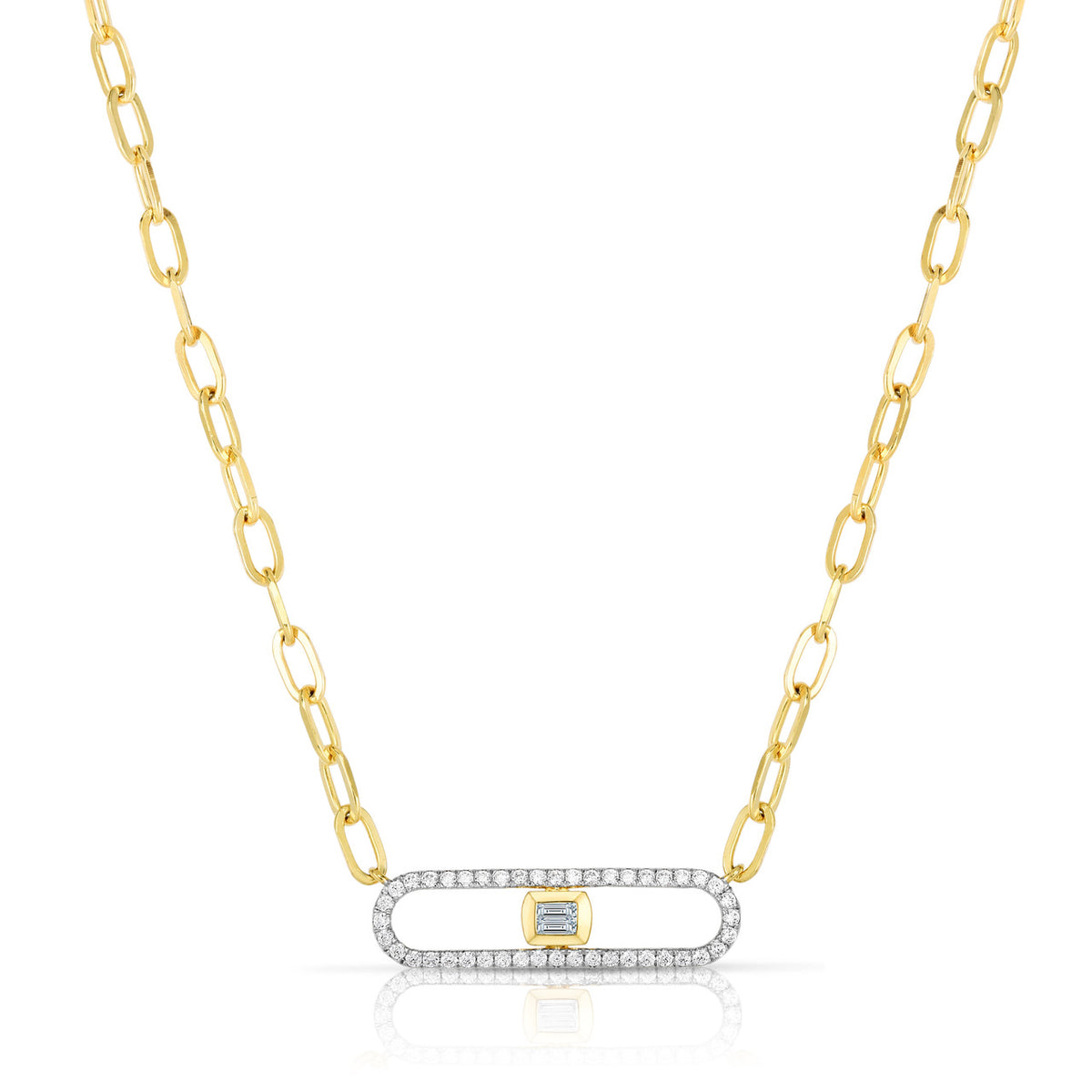 Long Link Necklace with Baguette Diamonds, 14k yellow gold,  0.31 carats - URBAETIS Fine Jewelry