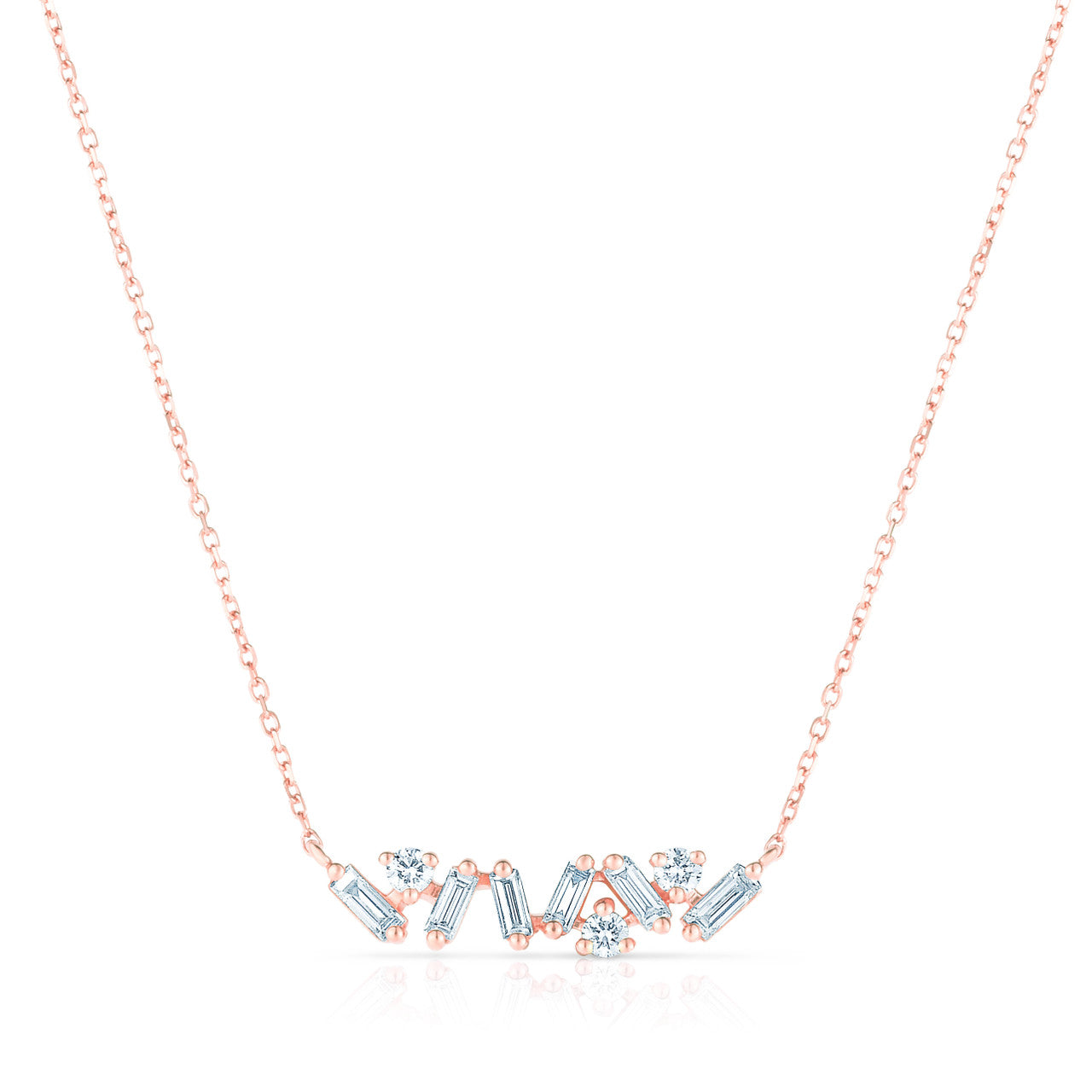 Baguette and Round Diamond Bar Necklace, 14k rose gold, 9 diamonds, 0.19 carats - URBAETIS Fine Jewelry