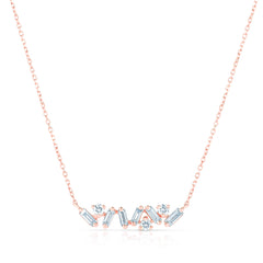Baguette and Round Diamond Bar Necklace, 14k rose gold, 9 diamonds, 0.19 carats - URBAETIS Fine Jewelry