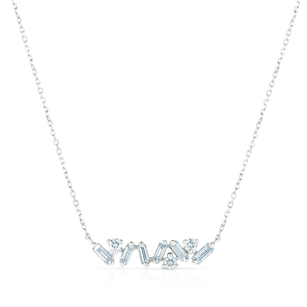Baguette and Round Diamond Bar Necklace, 14k white gold, 9 diamonds, 0.19 carats - URBAETIS Fine Jewelry