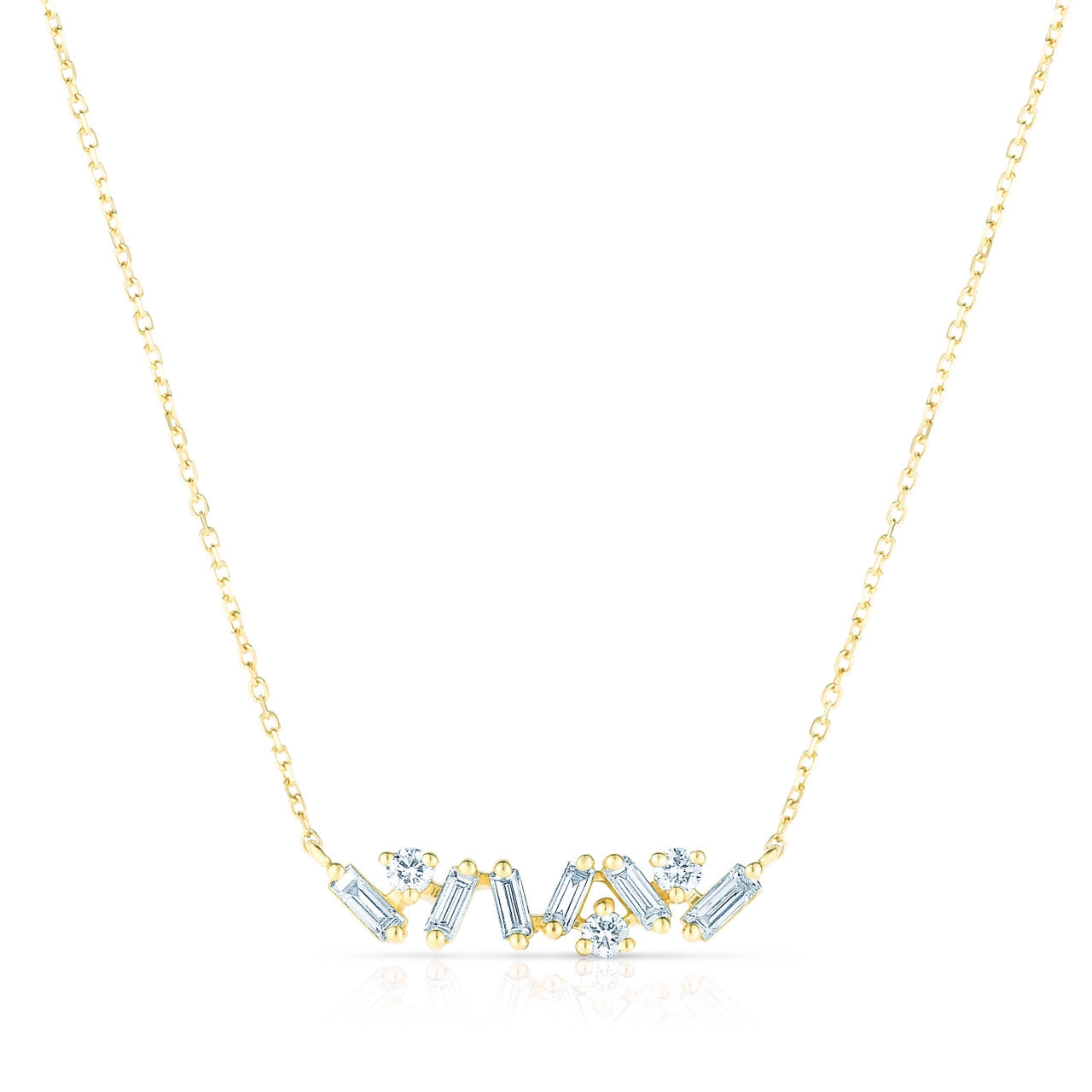 Baguette and Round Diamond Bar Necklace, 14k yellow gold, 9 diamonds, 0.19 carats - URBAETIS Fine Jewelry