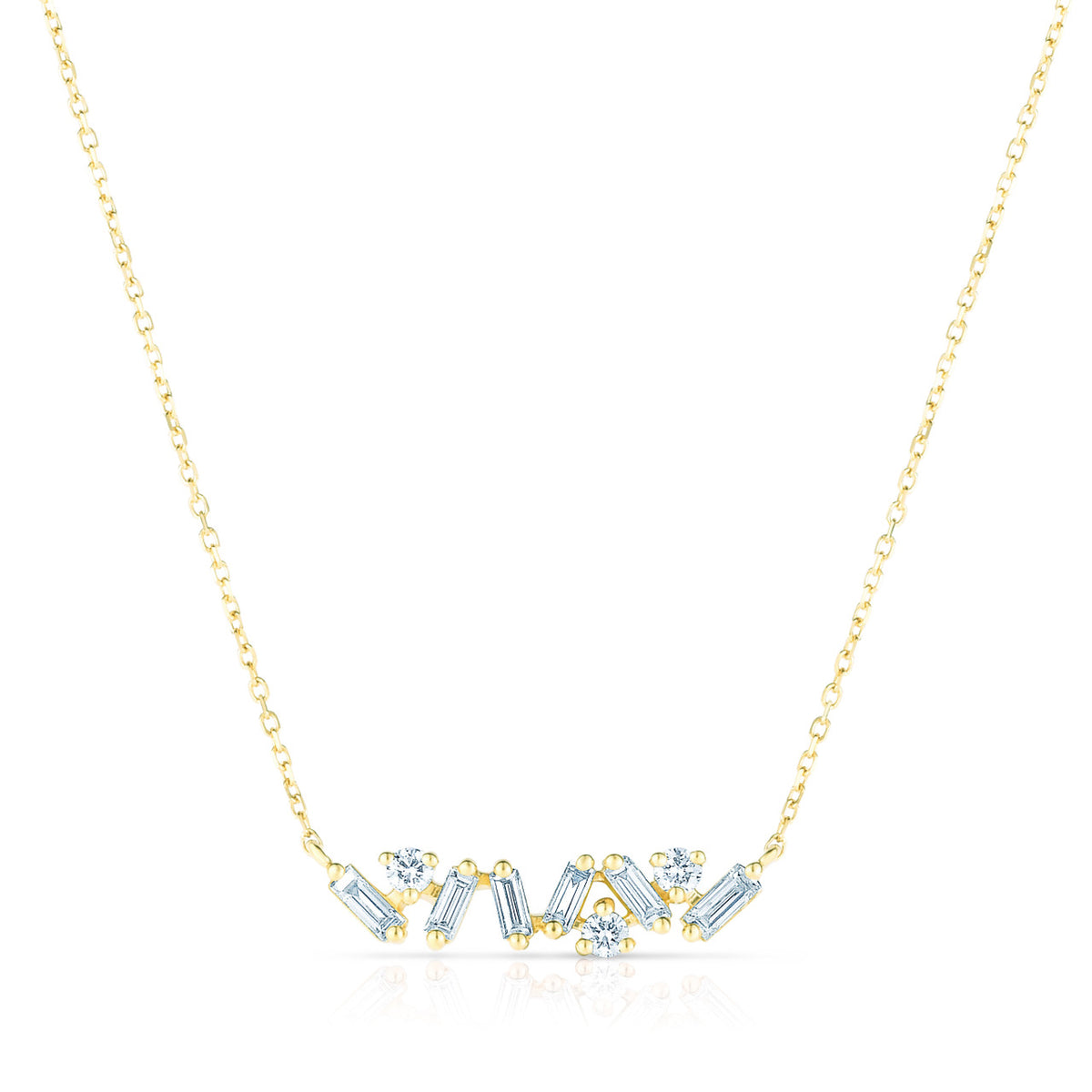 Baguette and Round Diamond Bar Necklace, 14k yellow gold, 9 diamonds, 0.19 carats - URBAETIS Fine Jewelry