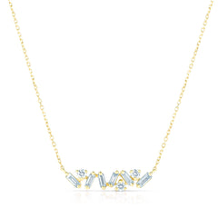 Baguette and Round Diamond Bar Necklace, 14k yellow gold, 9 diamonds, 0.19 carats - URBAETIS Fine Jewelry