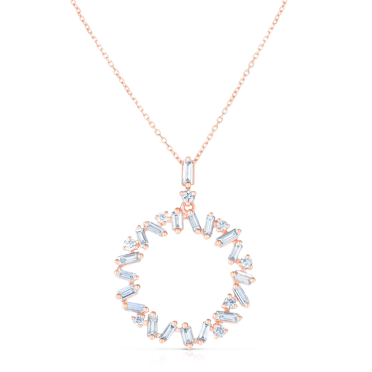 Baguette and Round Diamond Circle Pendant, 14k rose gold, 27 diamonds totaling 0.56 carats - URBAETIS Fine Jewelry