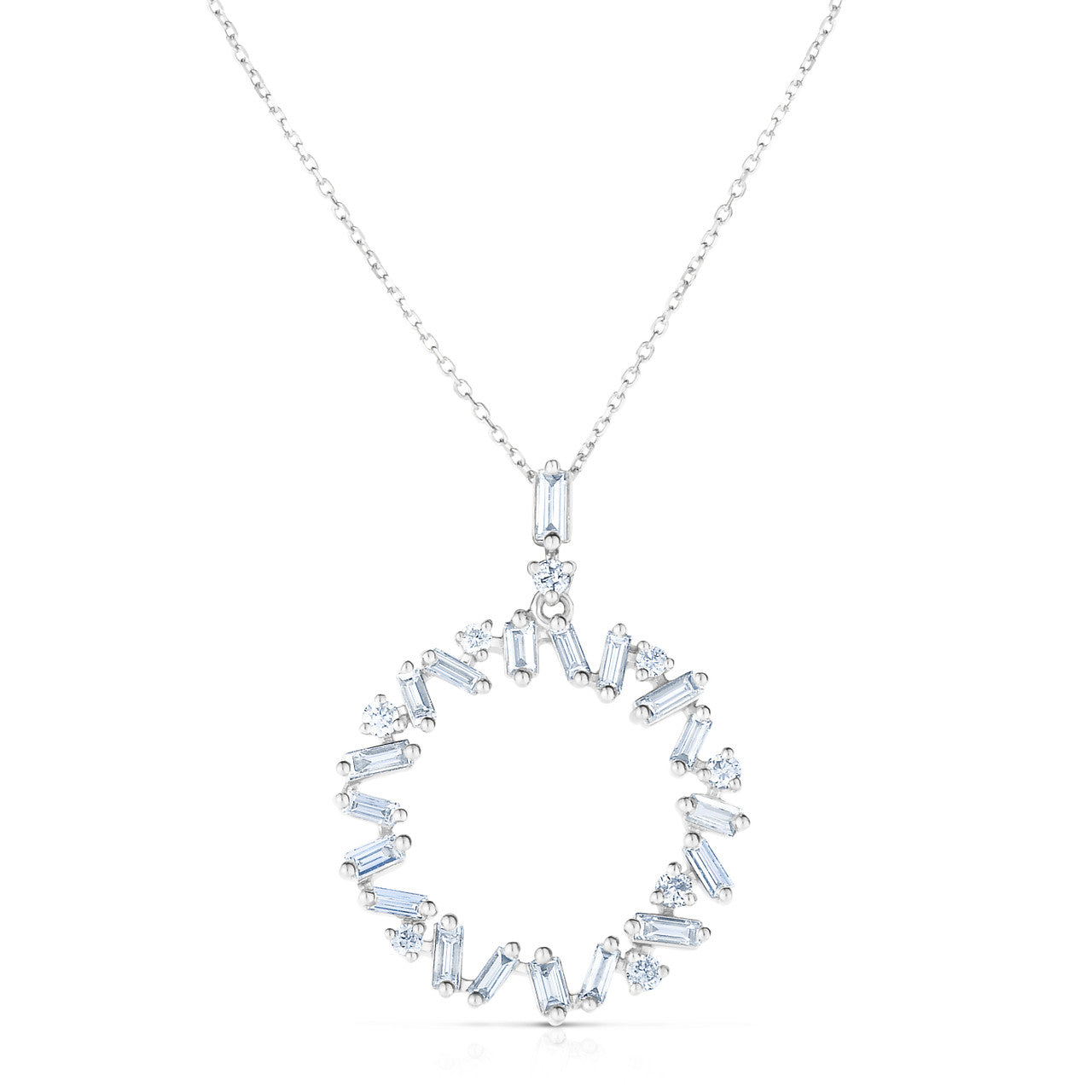 Baguette and Round Diamond Circle Pendant, 14k white gold, 27 diamonds totaling 0.56 carats - URBAETIS Fine Jewelry