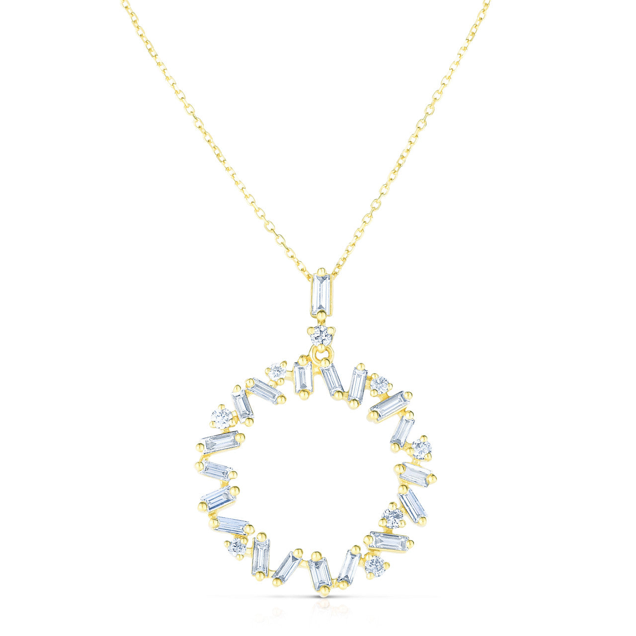 Baguette and Round Diamond Circle Pendant, 14k yellow  gold, 27 diamonds totaling 0.56 carats - URBAETIS Fine Jewelry