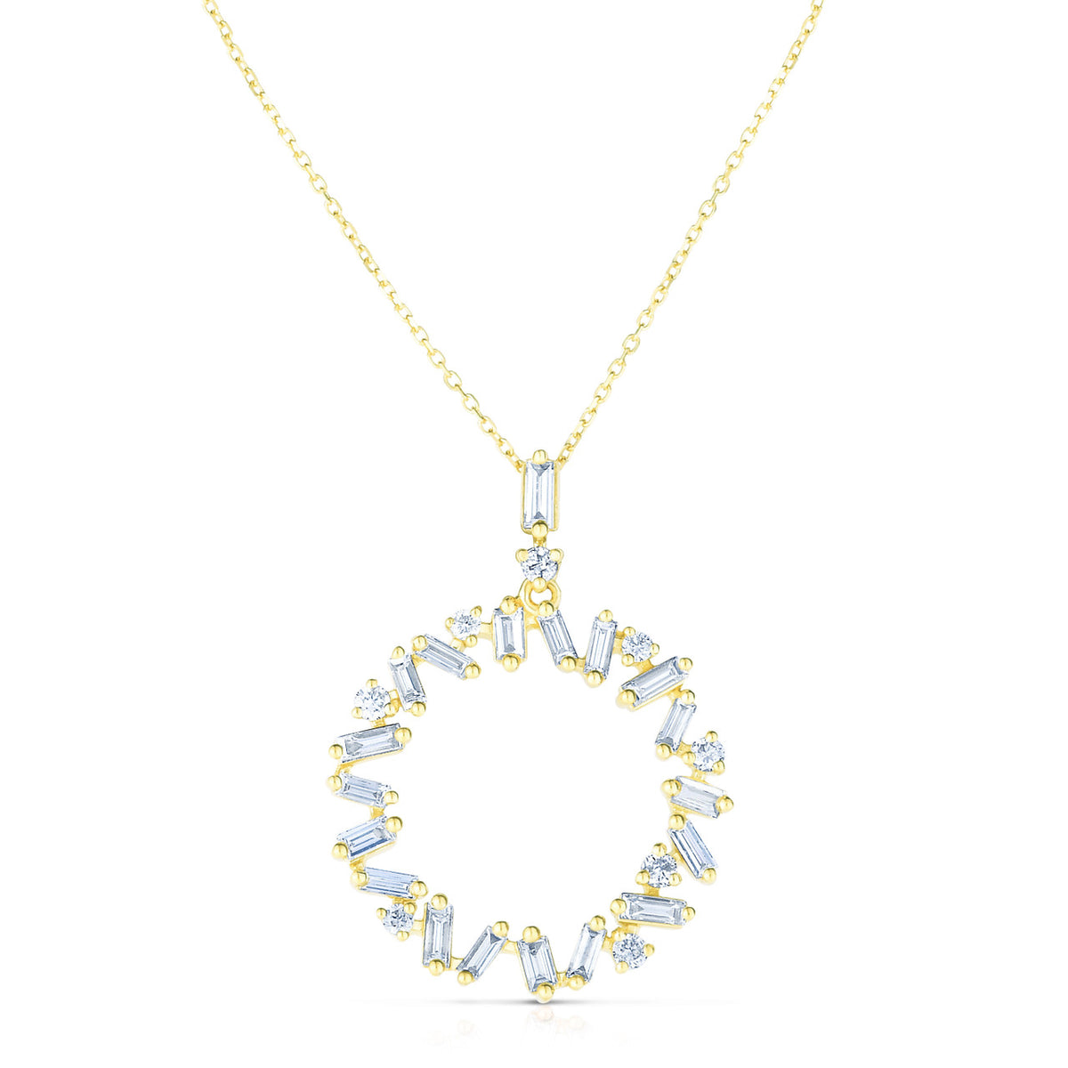 Baguette and Round Diamond Circle Pendant, 14k yellow  gold, 27 diamonds totaling 0.56 carats - URBAETIS Fine Jewelry