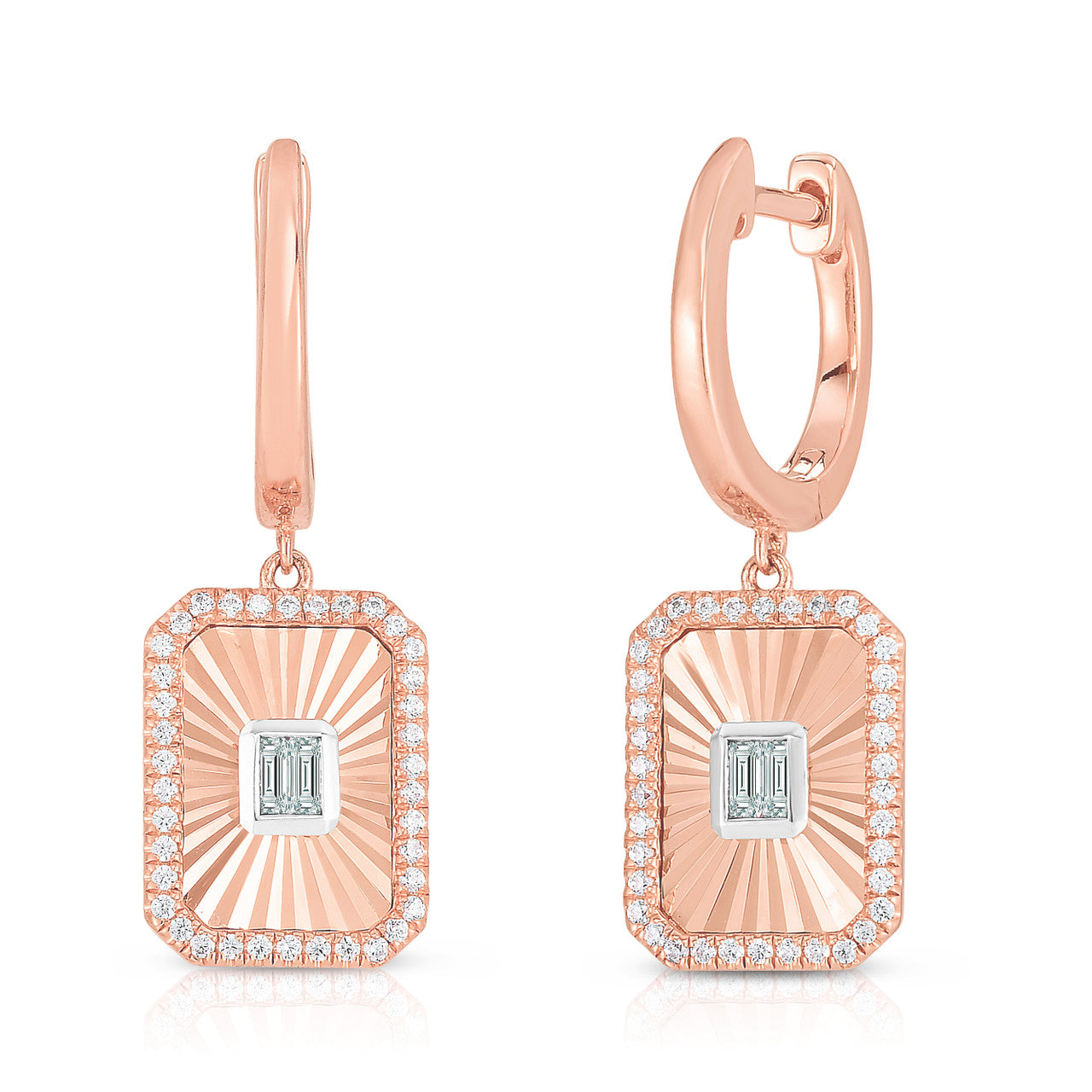 Fluted Baguette and Pave Diamond Earrings, 14k rose gold, 0.31 carats - URBAETIS Fine Jewelry