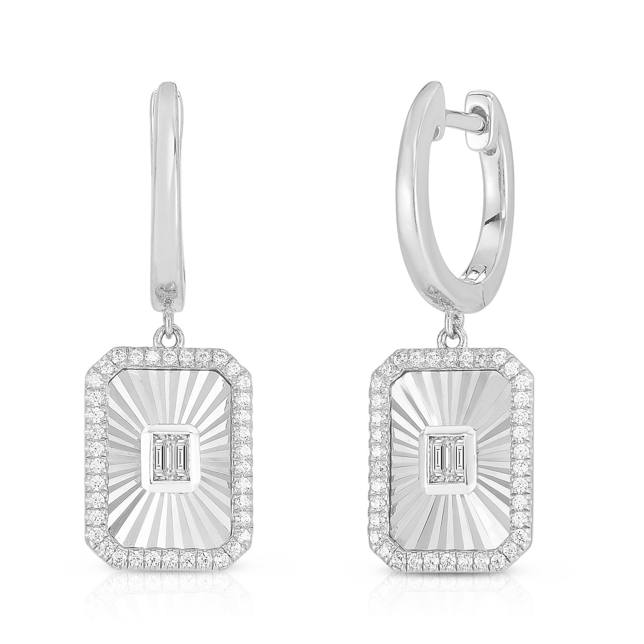 Fluted Baguette and Pave Diamond Earrings, 14k white gold, 0.31 carats - URBAETIS Fine Jewelry