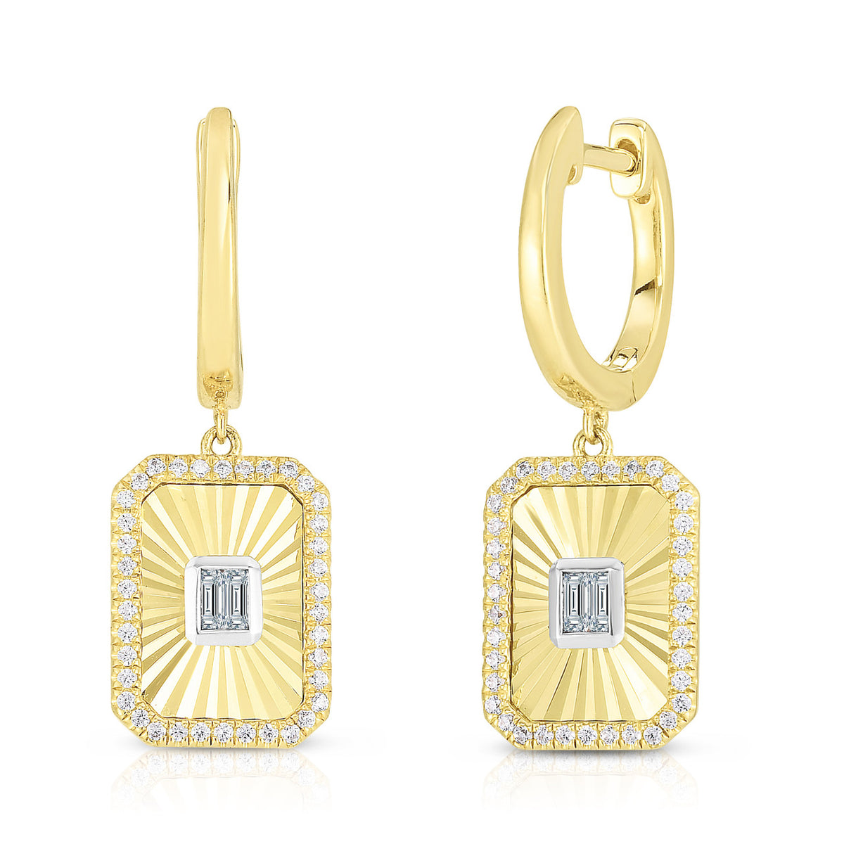 Fluted Baguette and Pave Diamond Earrings, 14k yellow gold, 0.31 carats - URBAETIS Fine Jewelry