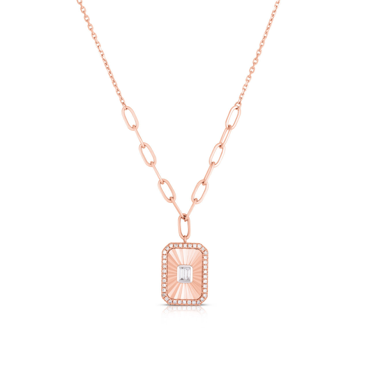 Fluted Baguette and Pave Diamond Pendant, 14k rose gold, 0.2 carats - URBAETIS Fine Jewelry