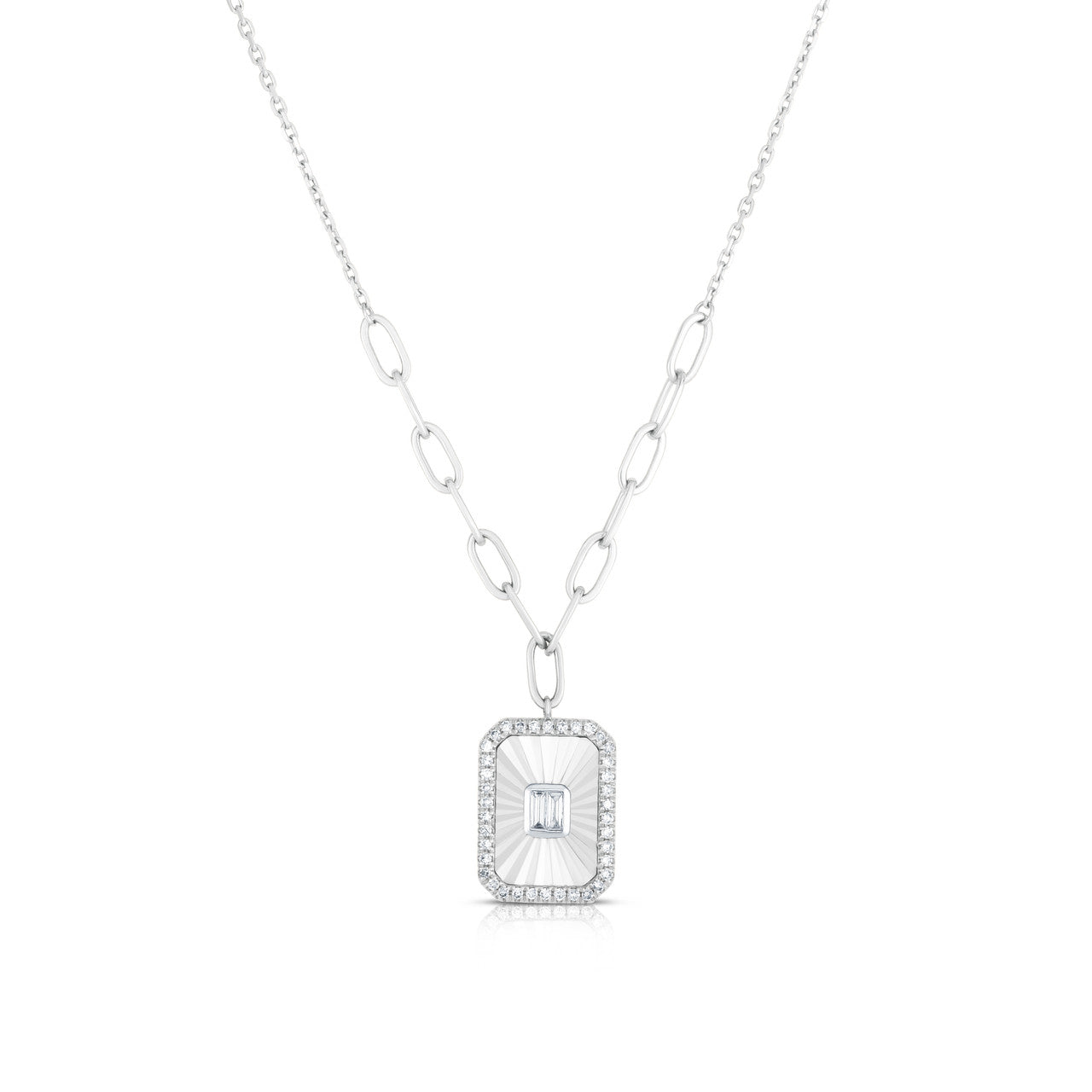 Fluted Baguette and Pave Diamond Pendant, 14k white gold, 0.2 carats - URBAETIS Fine Jewelry