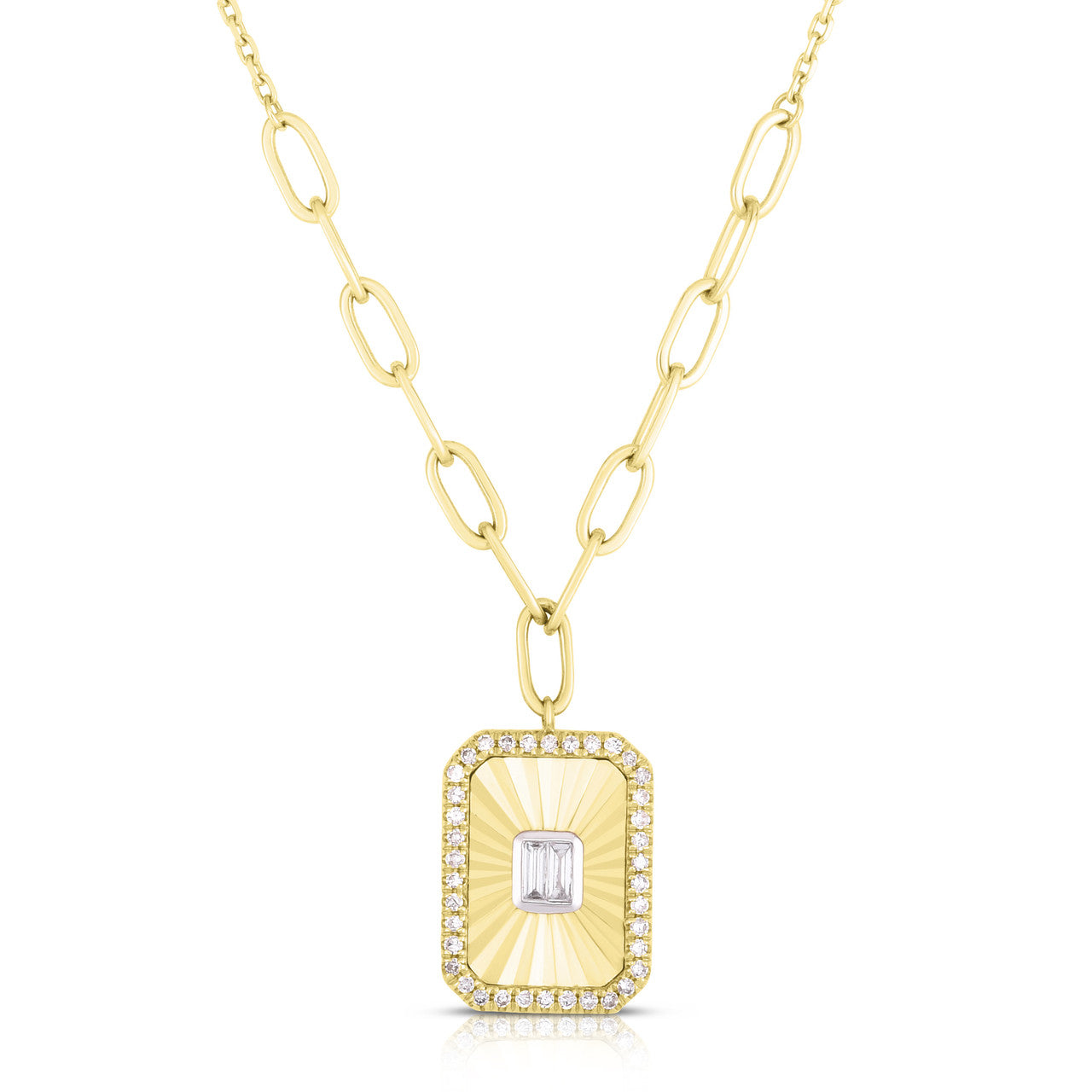 Fluted Baguette and Pave Diamond Pendant, 14k yellow gold, 0.2 carats - URBAETIS Fine Jewelry