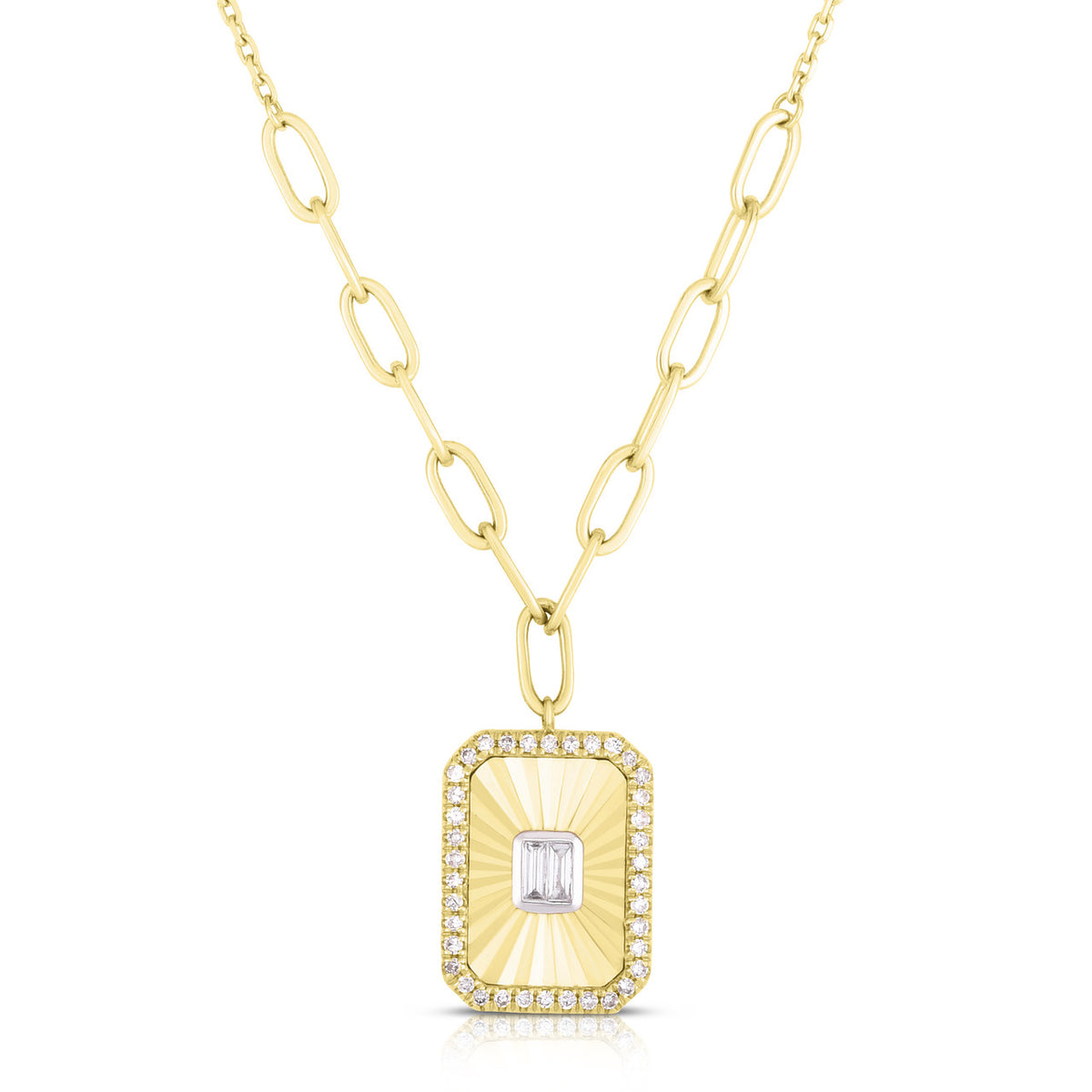 Fluted Baguette and Pave Diamond Pendant, 14k yellow gold, 0.2 carats - URBAETIS Fine Jewelry