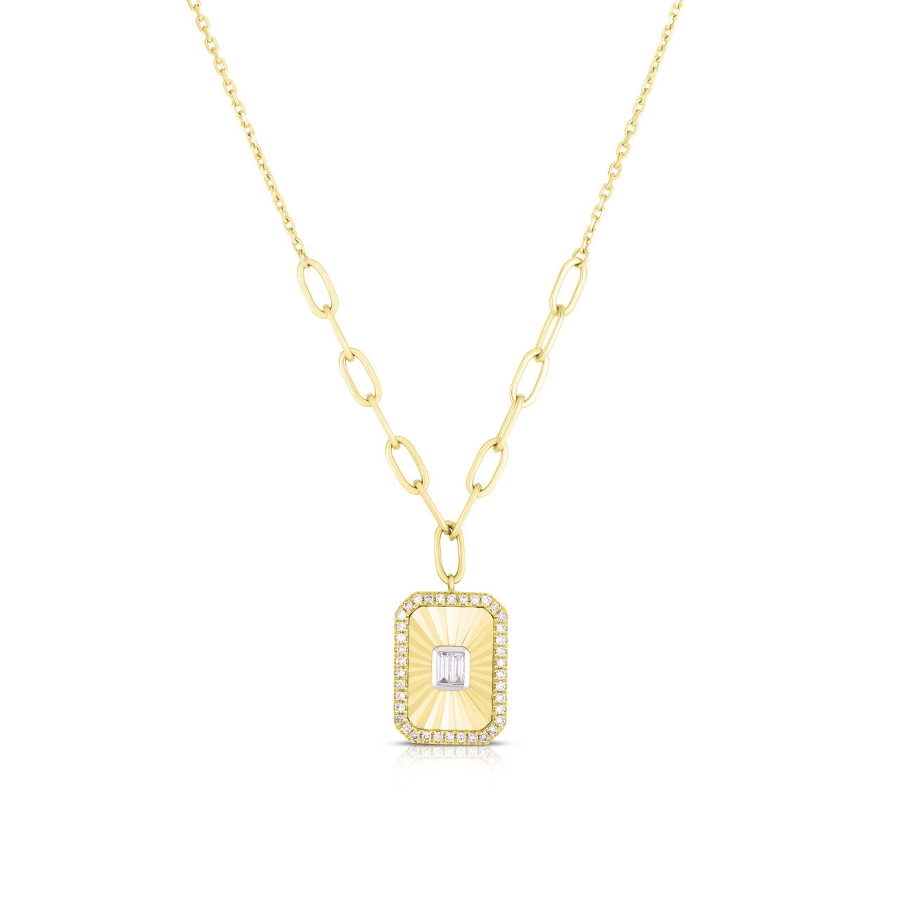Fluted Baguette and Pave Diamond Pendant, 14k yellow gold, 0.2 carats - URBAETIS Fine Jewelry