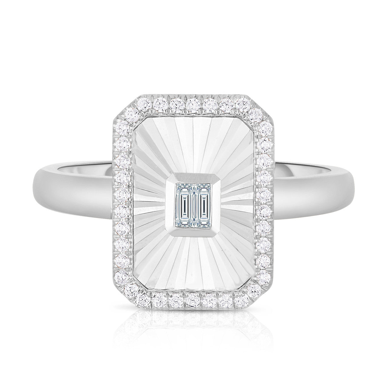 Fluted Baguette and Pave Diamond Ring, 14k white gold, 0.2 carats - URBAETIS Fine Jewelry