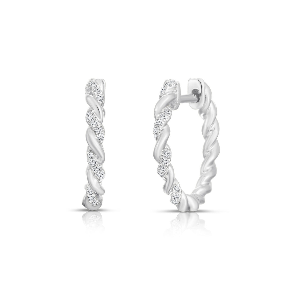 14k white gold petite twist diamond hoop earrings